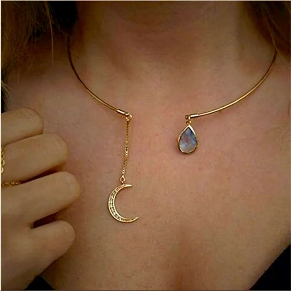 Various Jewelry - Rhinestone Moon Waterdrop Cuff Necklace Gold Open Choker